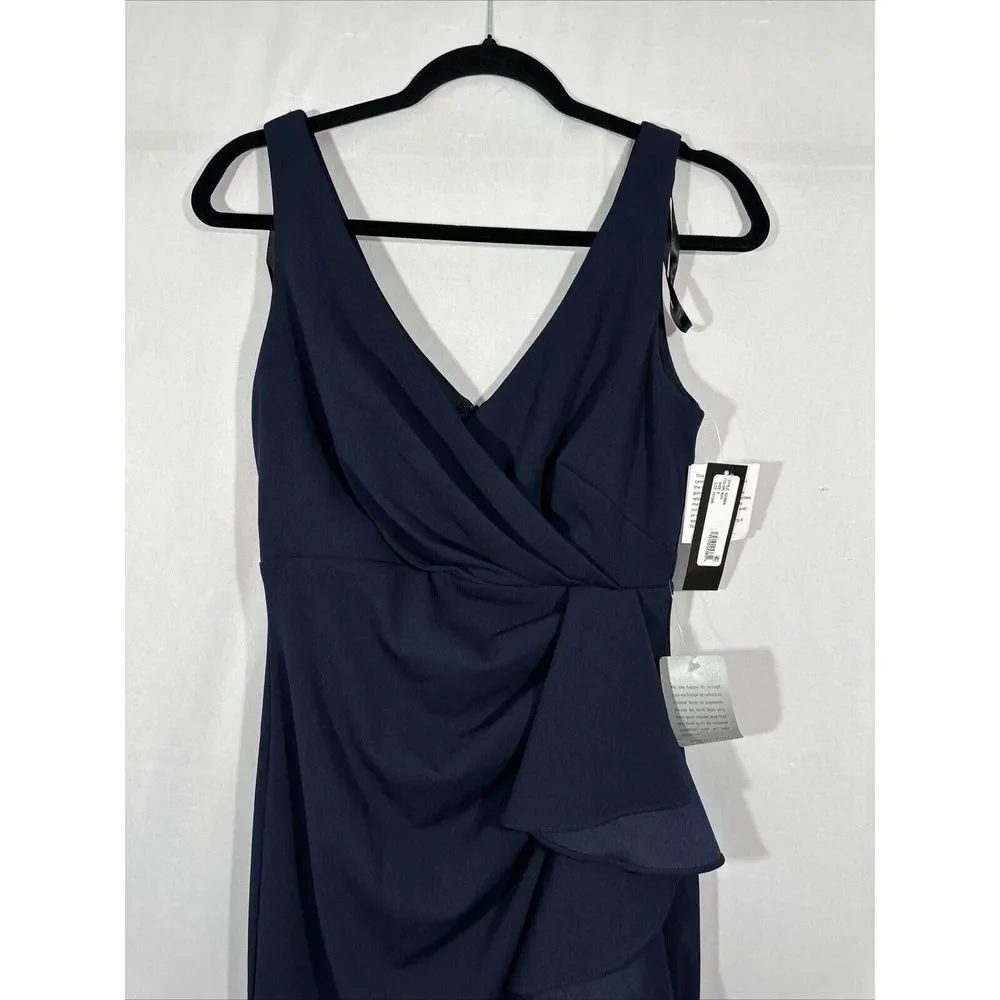 NWT $249 Betsy & Adam [ 6‎ ] V Neck Ruffled High-Low Gown Navy Blue
